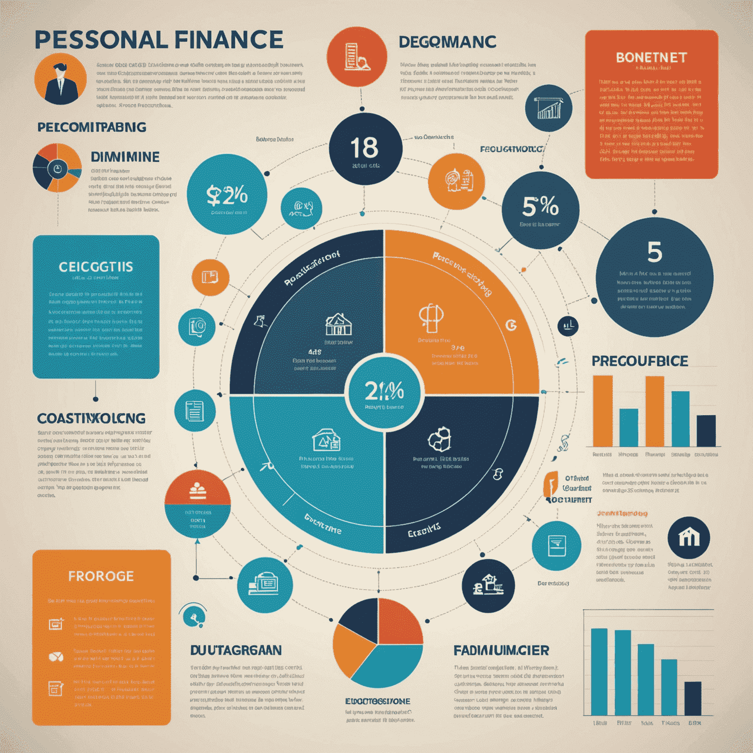 Kişisel finans kavramlarını gösteren infografik. Bütçe, tasarruf, yatırım ve borç yönetimi gibi temel konuları içeren görsel.