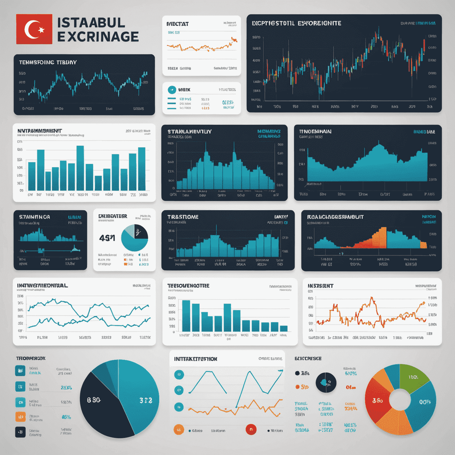 Borsa İstanbul grafikleri, Türk şirket logoları ve yatırım araçlarını gösteren infografik. Türkiye'ye özgü finansal enstrümanlar.